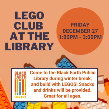 LEGO Club Friday, December 38 from 1-3pm.